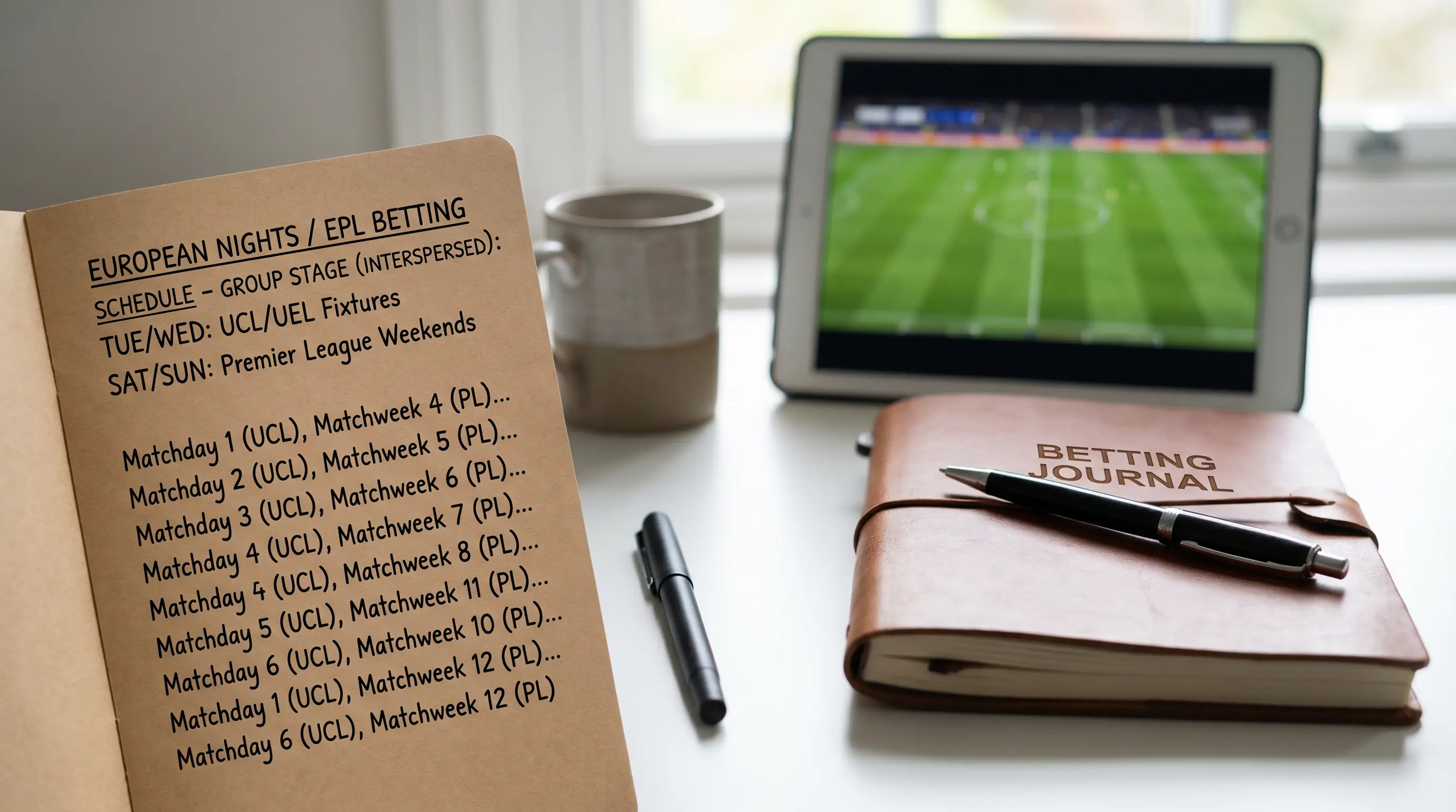 Schedule showing European group-stage fixtures interspersed with Premier League weekends