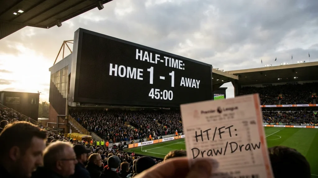Premier League stadium scoreboard showing the half-time score in a closely contested fixture