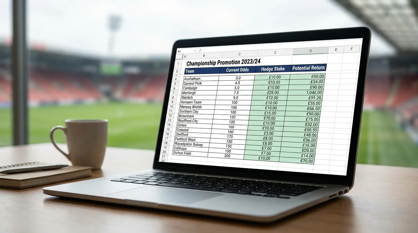 Spreadsheet showing how to hedge a Championship promotion outright in the final weeks
