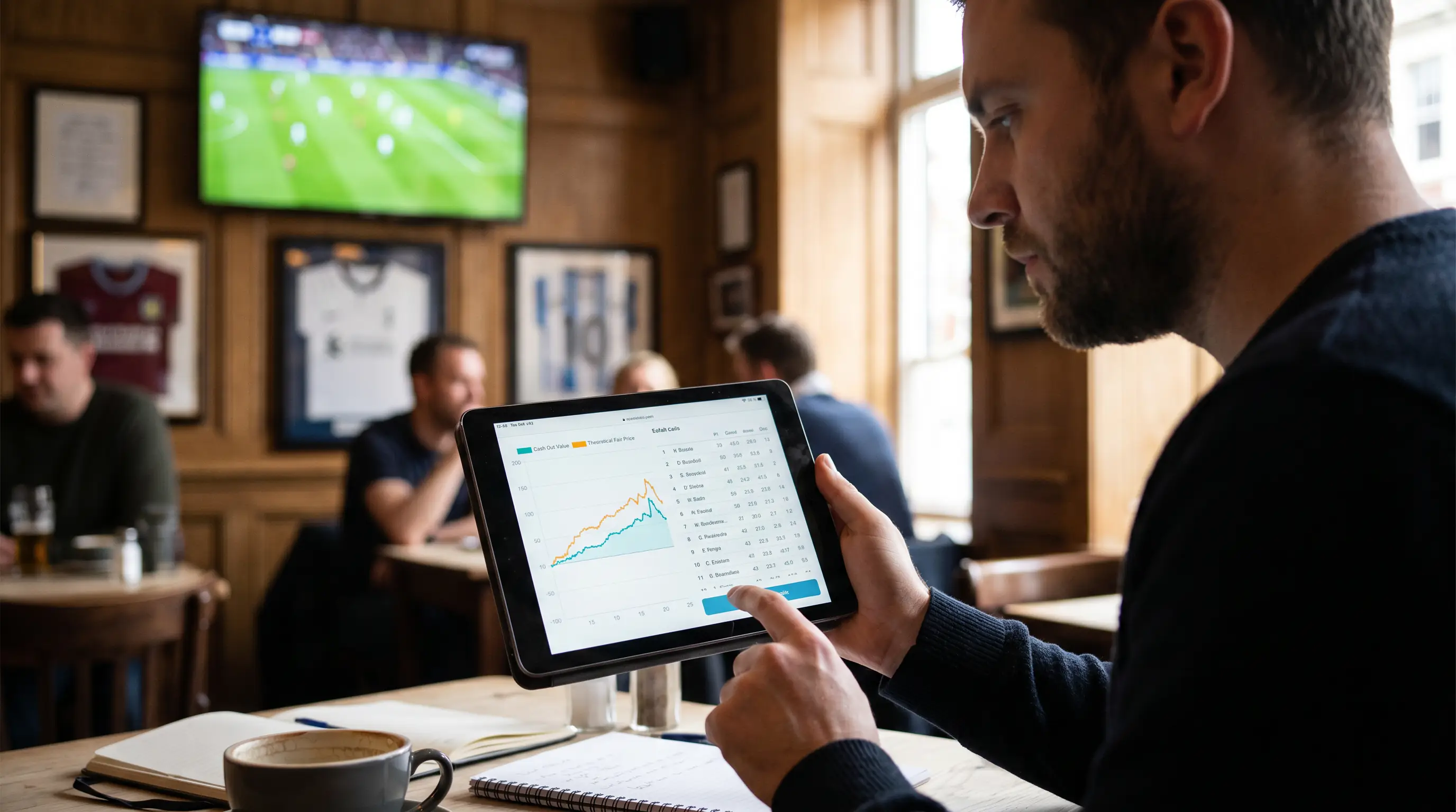 Bettor reviewing cash-out value compared with theoretical fair price on a tablet
