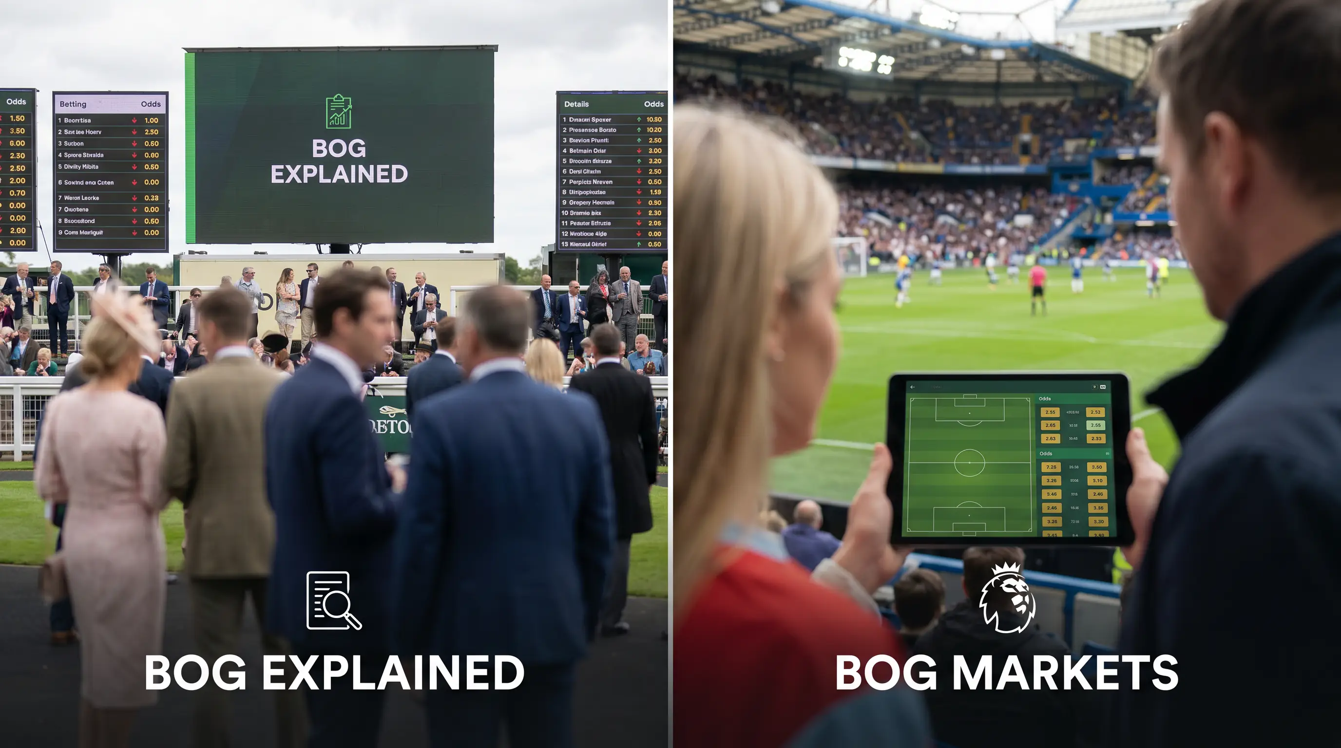 Split scene of a UK racecourse and a Premier League stadium illustrating BOG markets