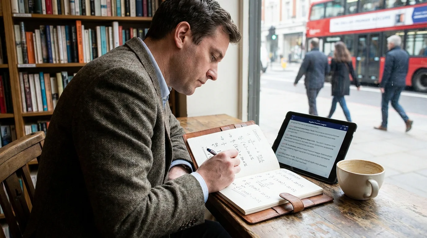 Football analyst working through implied probability conversions on a notebook