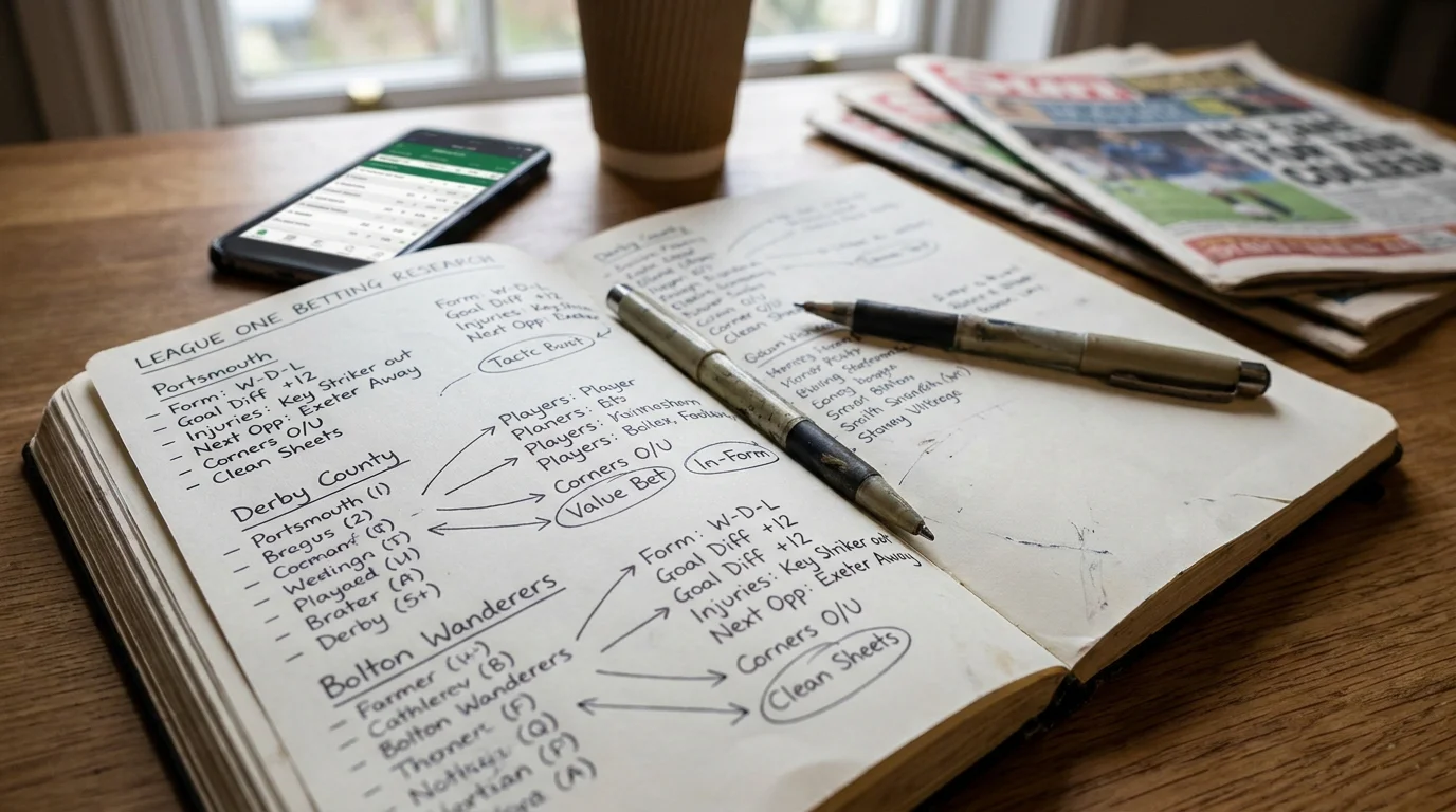Notebook with handwritten team-specific League One research notes