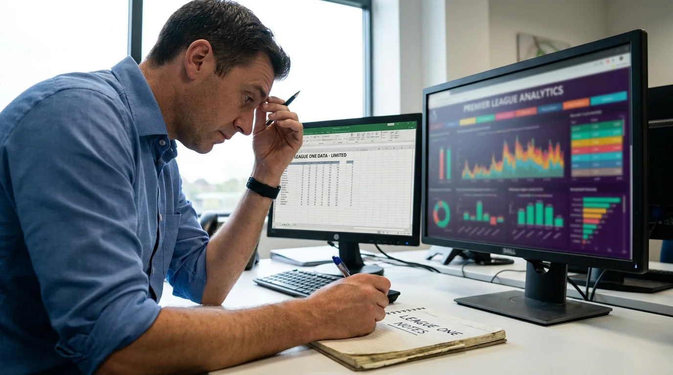 Analyst working with limited League One data tables compared with Premier League dashboards