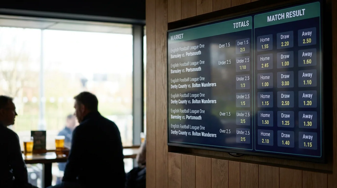 Sportsbook screen showing League One totals and match result markets side by side