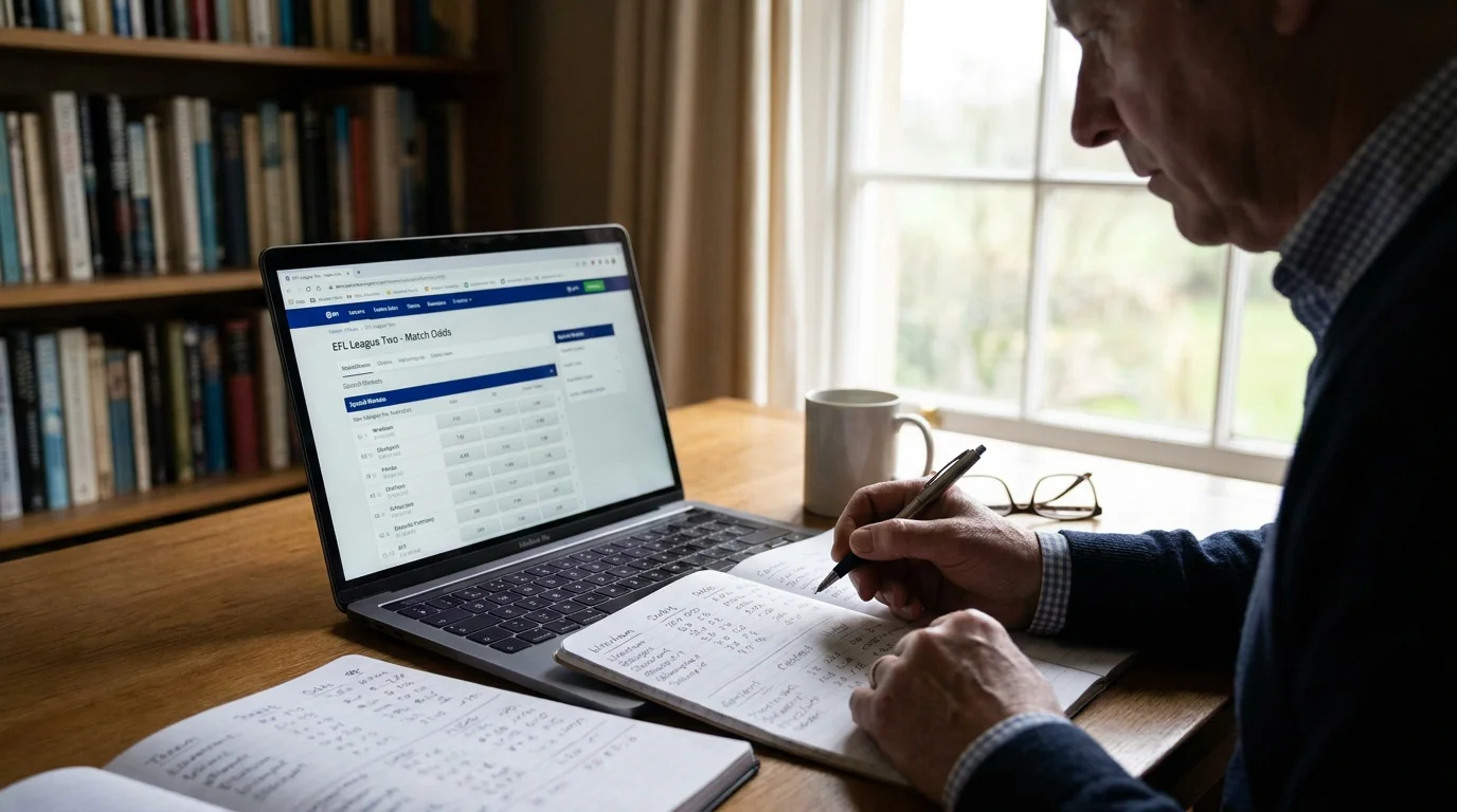 Bettor scanning specialised League Two markets on a laptop with notes alongside