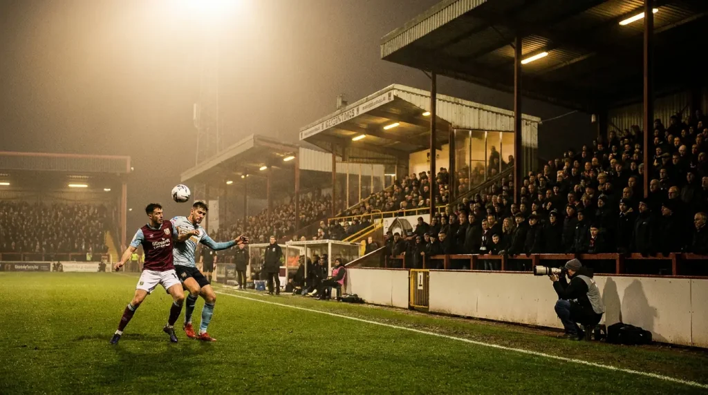 Compact League Two stadium hosting an English fourth-tier fixture under floodlights