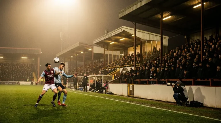 Compact League Two stadium hosting an English fourth-tier fixture under floodlights
