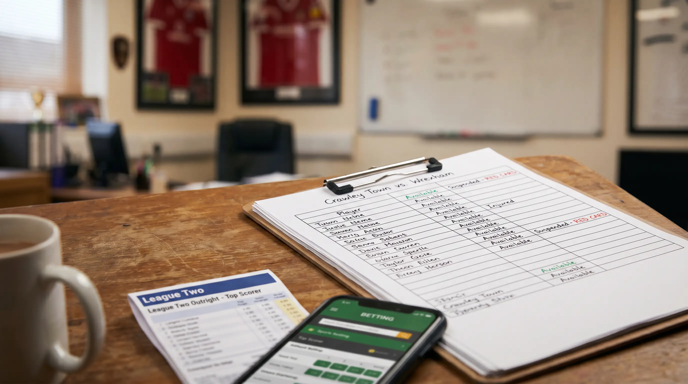 Team sheet showing player availability and suspension notes for a League Two squad