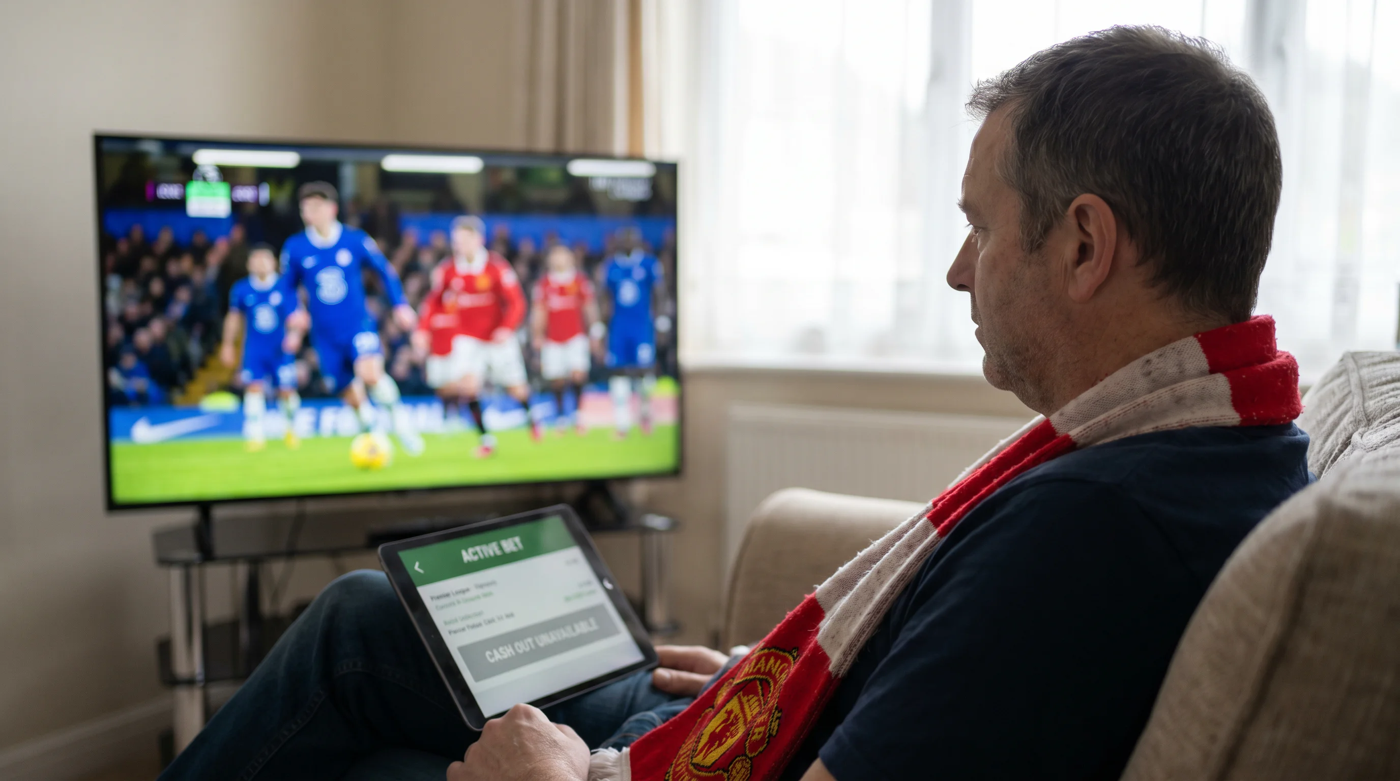 Football fan watching a Premier League match on television without using cash out