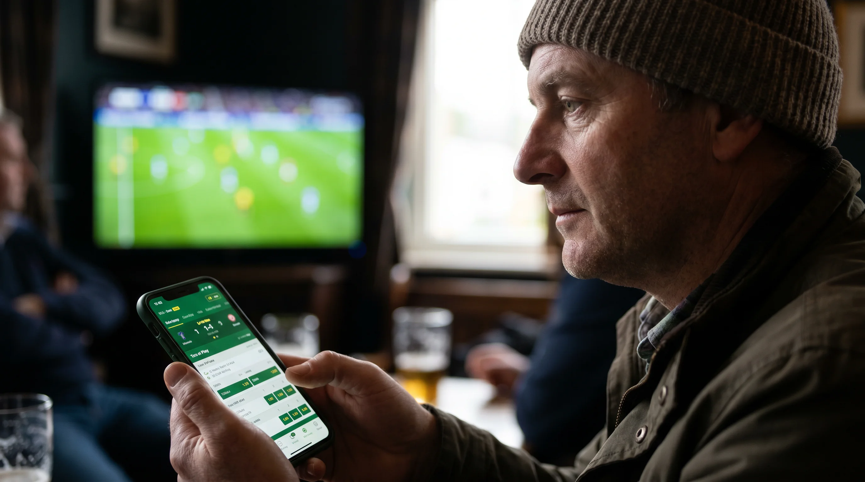 Bettor staying calm with phone in hand watching a tense Premier League fixture