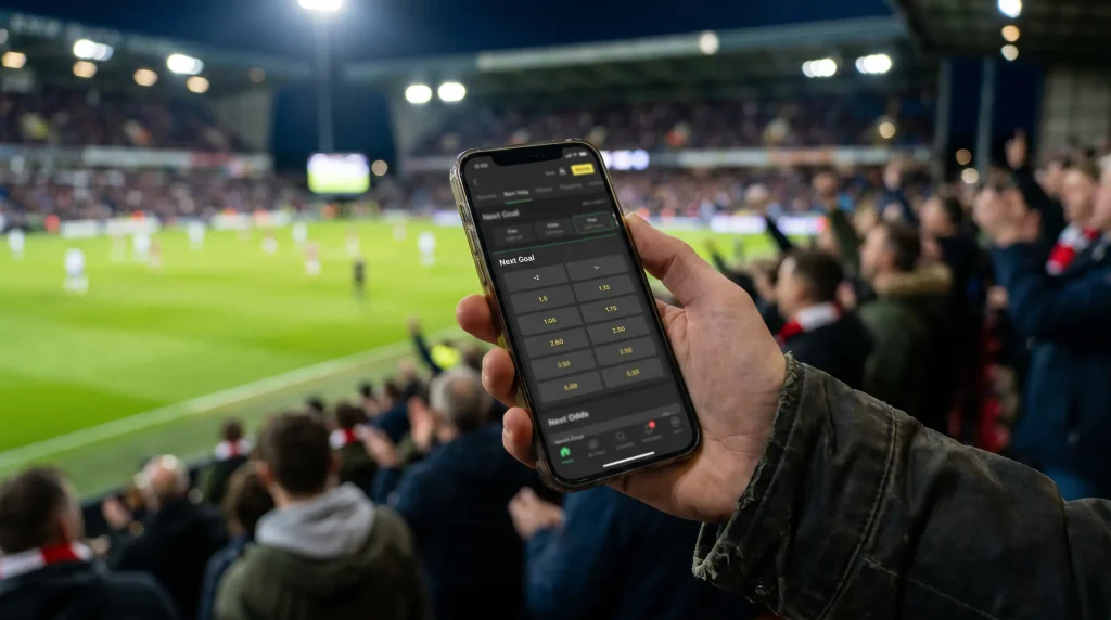 Mobile sportsbook app showing live Premier League next-goal odds during a match