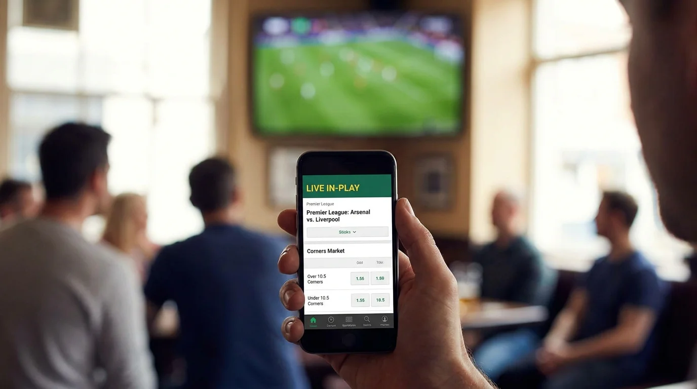 Live in-play corners market on a mobile sportsbook during a Premier League match