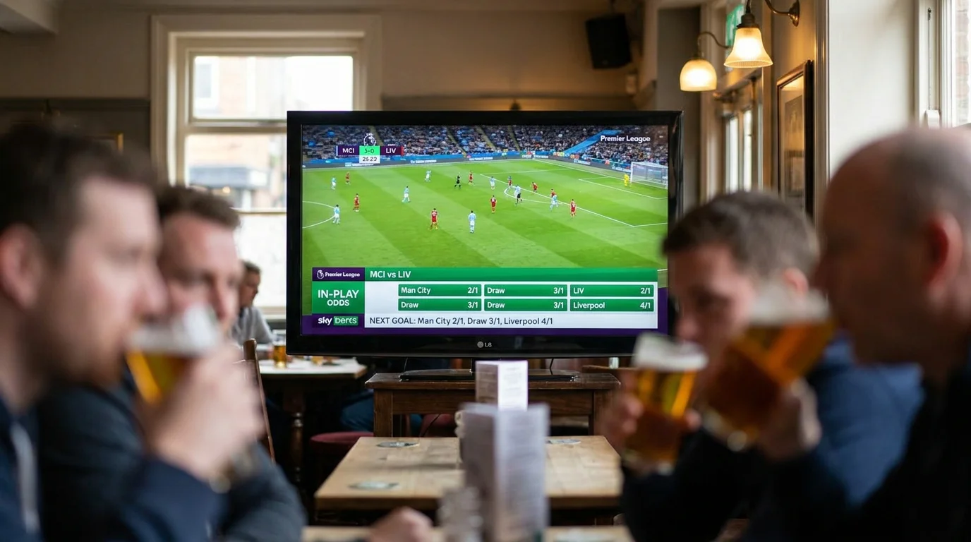 Pub television showing a live Premier League match with in-play odds on screen