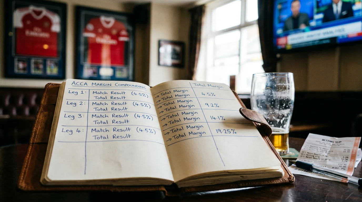 Notebook showing the multiplicative compounding of bookmaker margin across acca legs