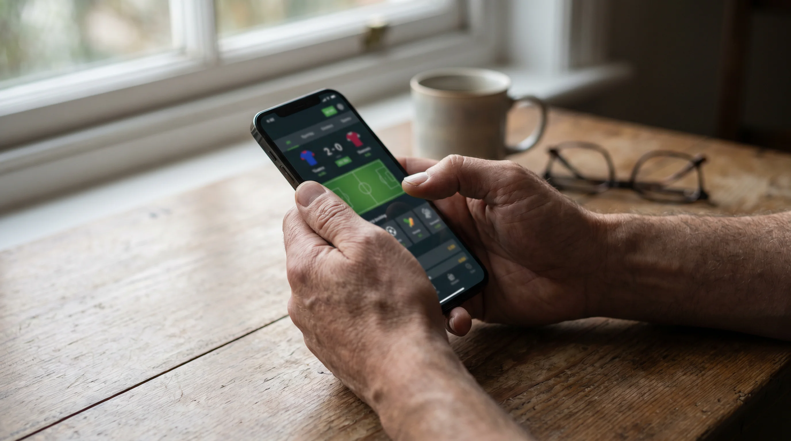 UK football bettor reviewing a mobile sportsbook app showing Premier League odds