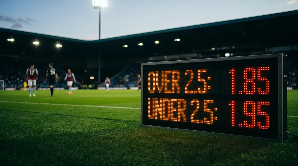 Football pitch with a scoreboard showing over and under 2.5 goals market prices