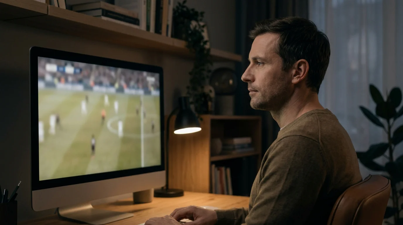 Disciplined Premier League bettor watching live football odds on a desk monitor