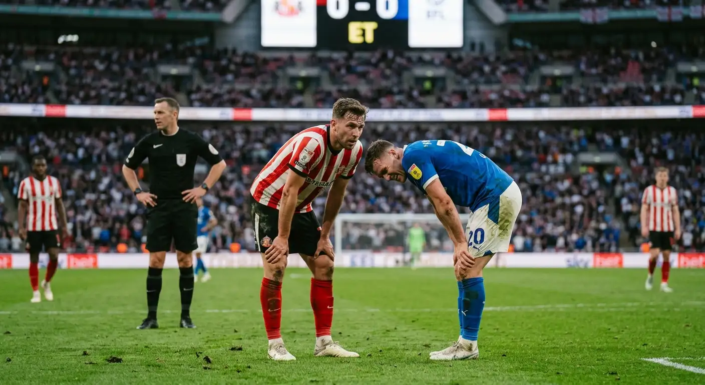 Extra-time stoppage at Wembley with both teams visibly fatigued during the play-off final