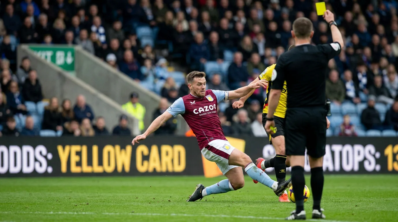Combative Premier League midfielder making a tactical foul earning a yellow card