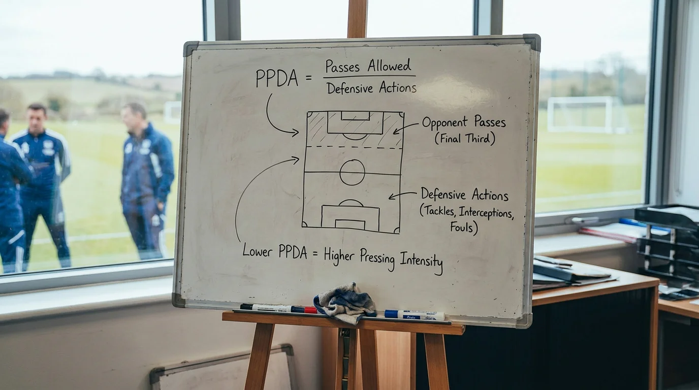 Tactics whiteboard explaining the PPDA calculation as passes per defensive action