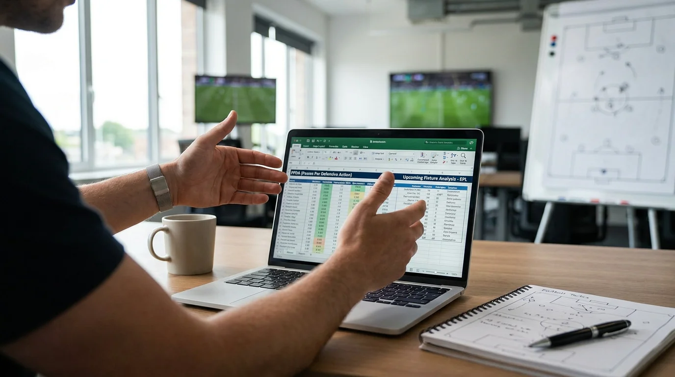 Analyst applying PPDA data to upcoming fixtures on an analytics laptop