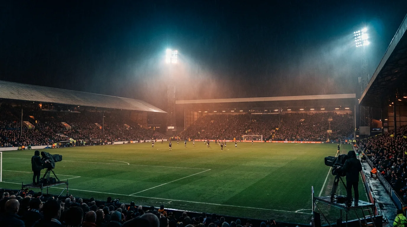 Floodlit Premier League stadium during a televised match with broadcast cameras pitchside