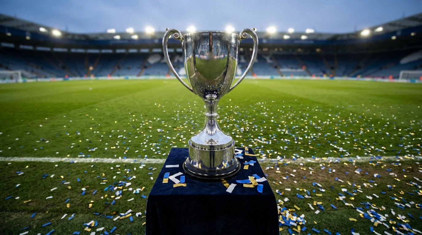 Premier League trophy on its presentation stage at the end of a top-flight season