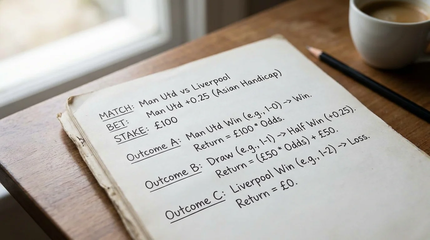 Hand-written settlement worked example for a quarter Asian handicap on a betting bet