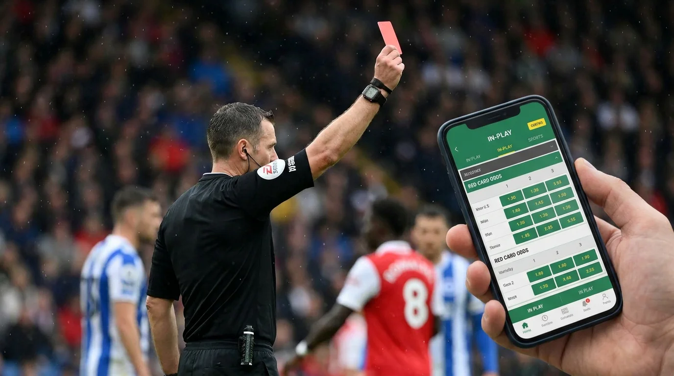 Referee showing a red card with live betting odds updating on a phone alongside
