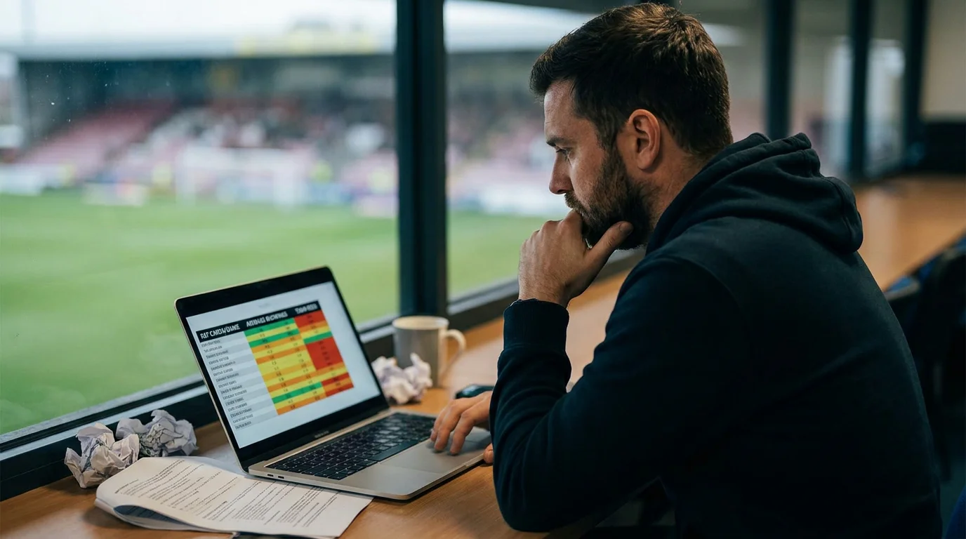 Analyst reviewing referee card-rate data on a laptop ahead of a fixture