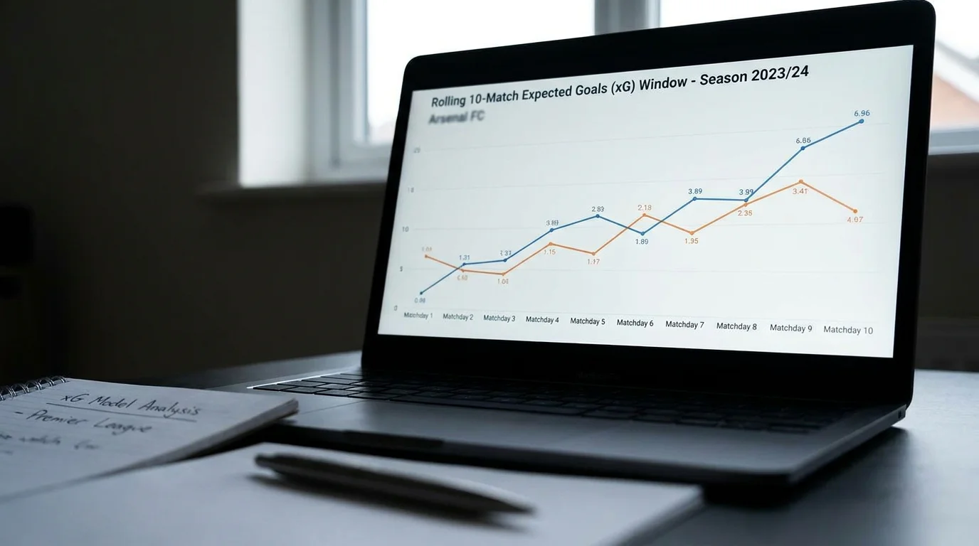 Analytics screen showing a rolling 10-match xG window for a Premier League side