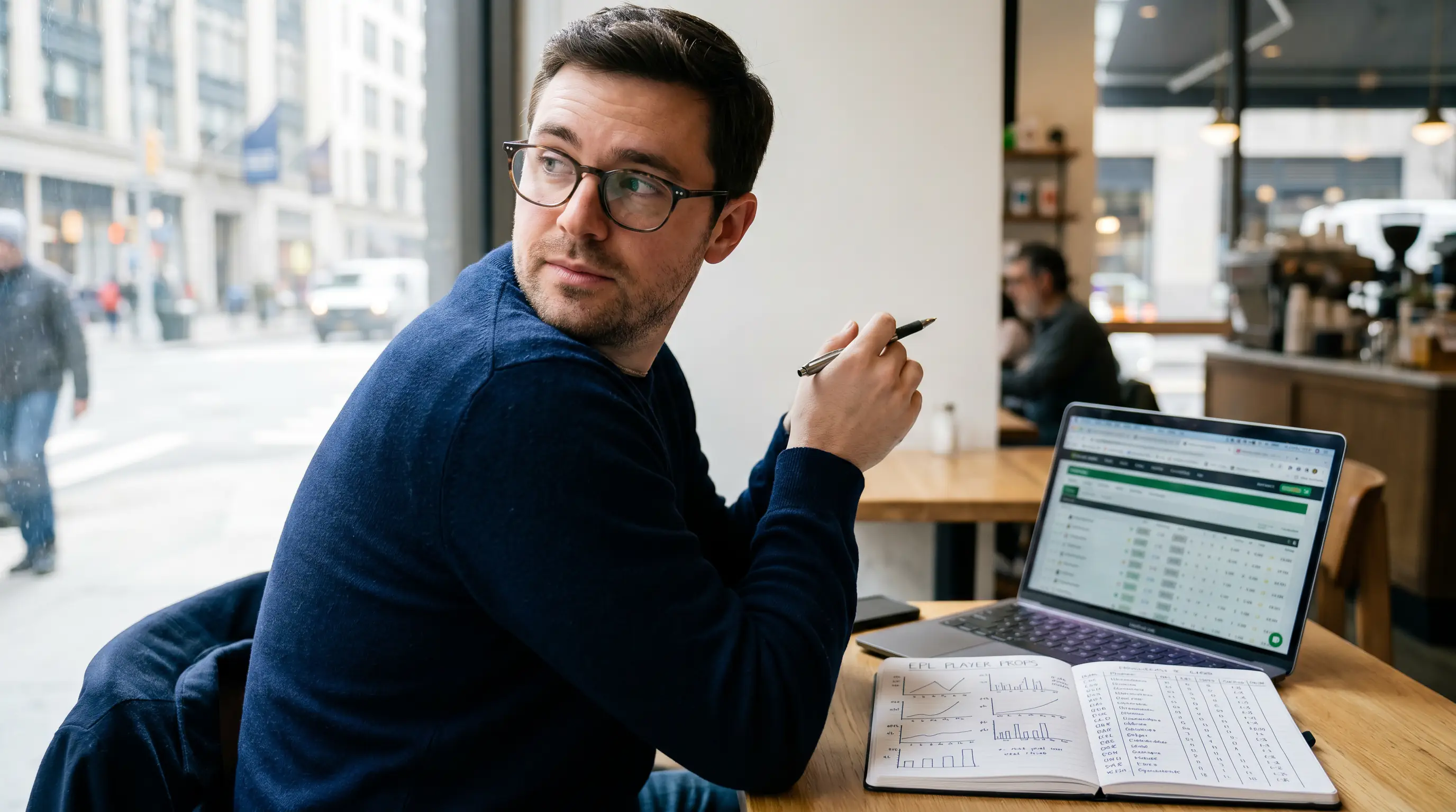 Analyst tracking player prop performance across a sample of fixtures in a notebook