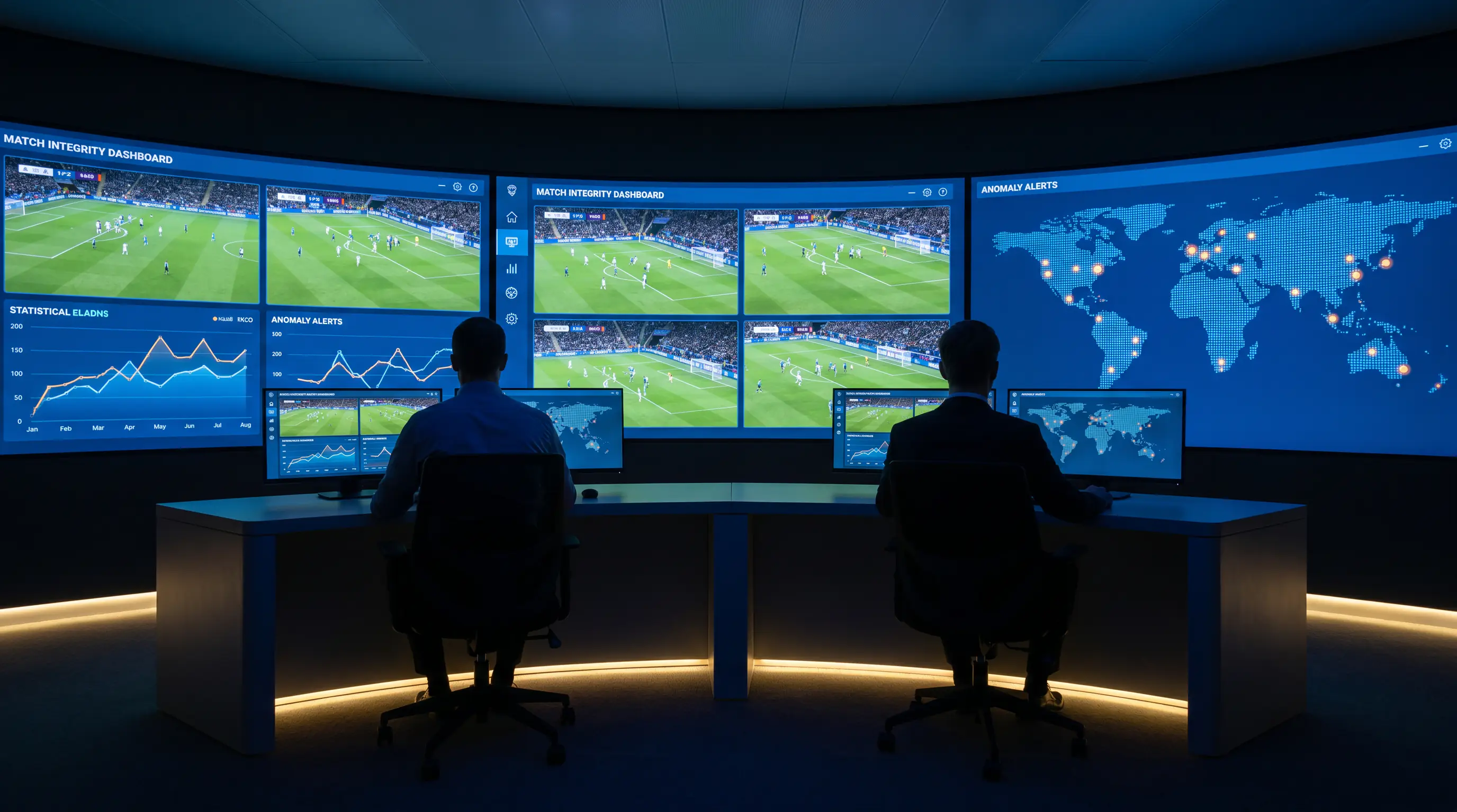 Sports integrity monitoring room with multiple screens showing live football match data