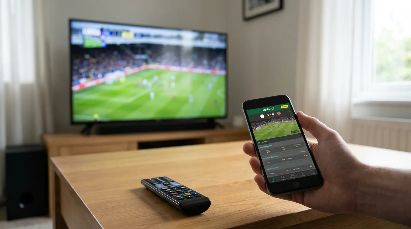 Television broadcast and a live betting app showing a small streaming time lag