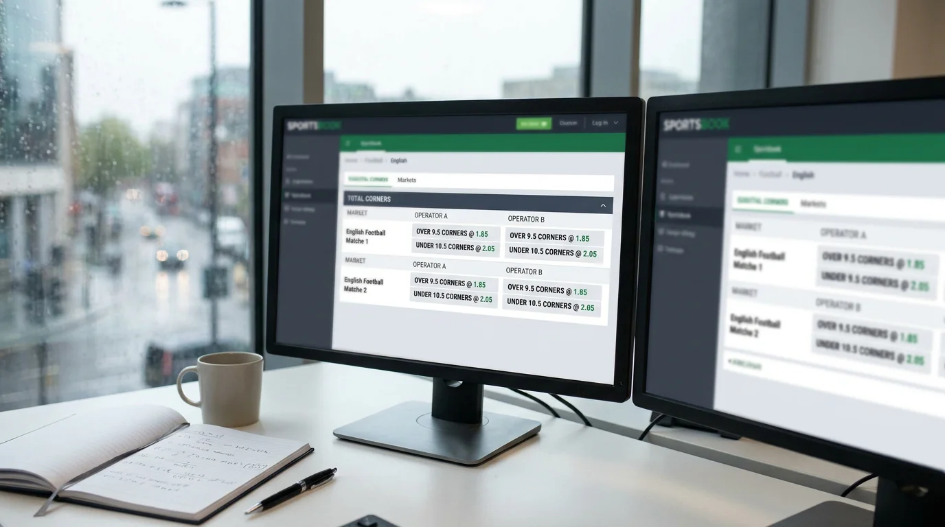 Sportsbook screens comparing total corners markets across several UK operators