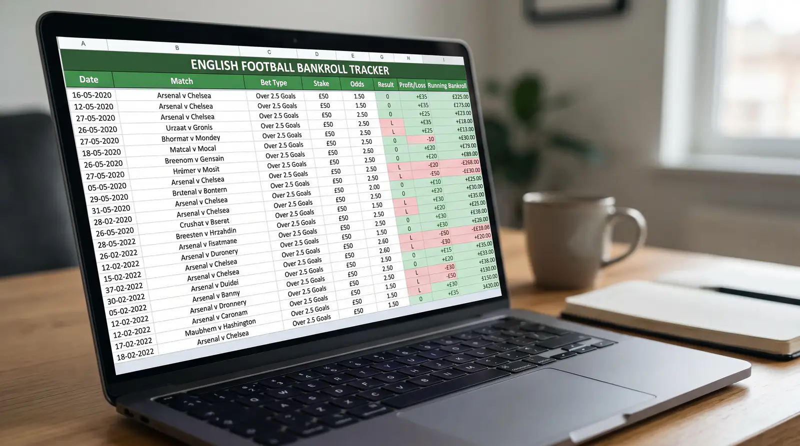 Comprehensive bet tracking spreadsheet open on a laptop screen