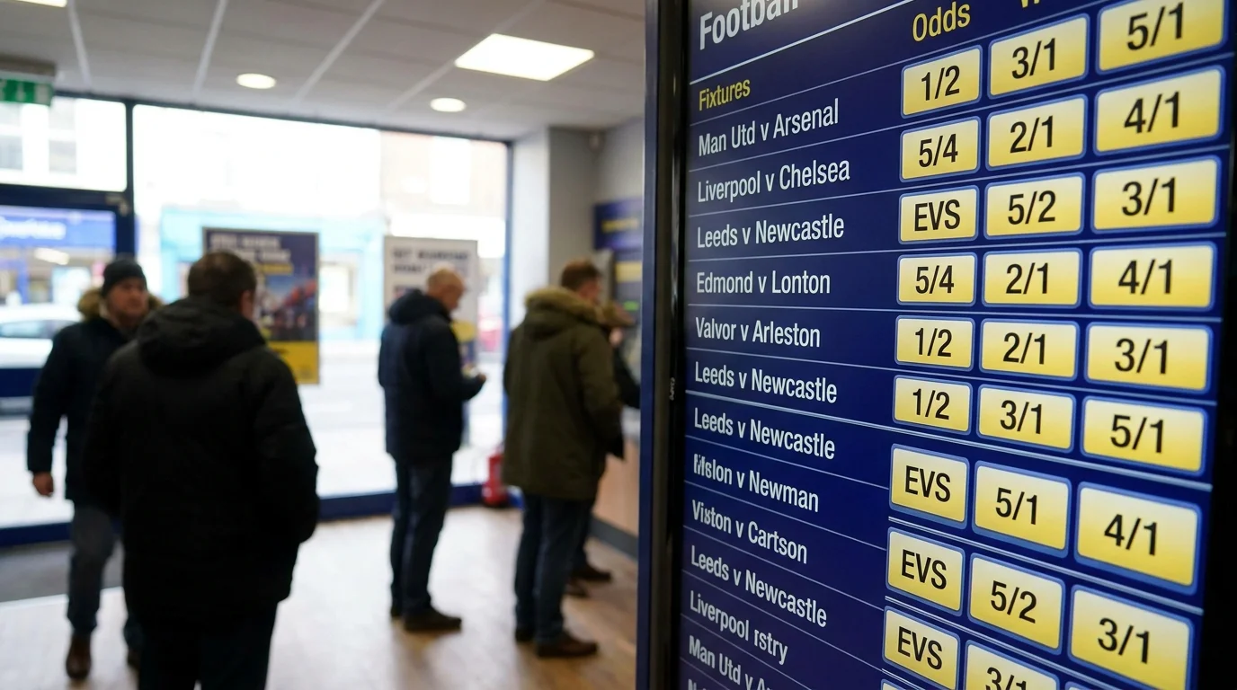 High-street UK bookmaker board displaying fractional odds for weekend football fixtures
