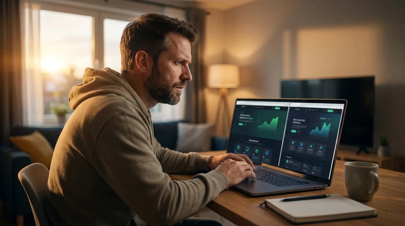 UK football bettor at a laptop comparing odds and promotions across several operator sites