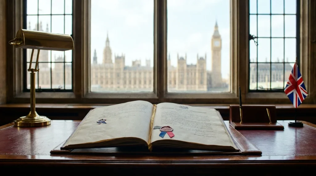 Westminster government buildings beside an open UK gambling regulation document on a desk
