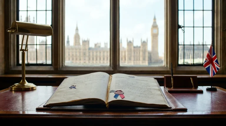 Westminster government buildings beside an open UK gambling regulation document on a desk