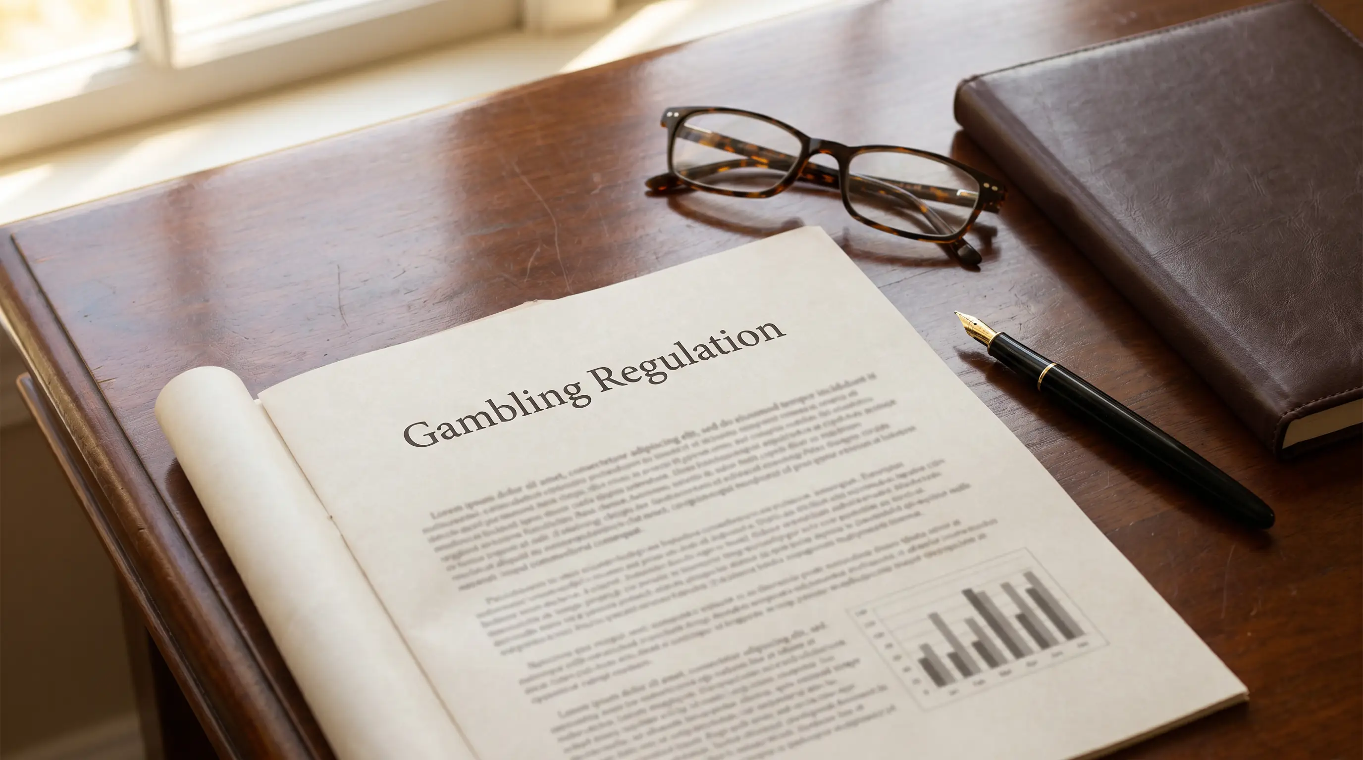 Printed UK gambling regulation policy document on an office desk with reading glasses