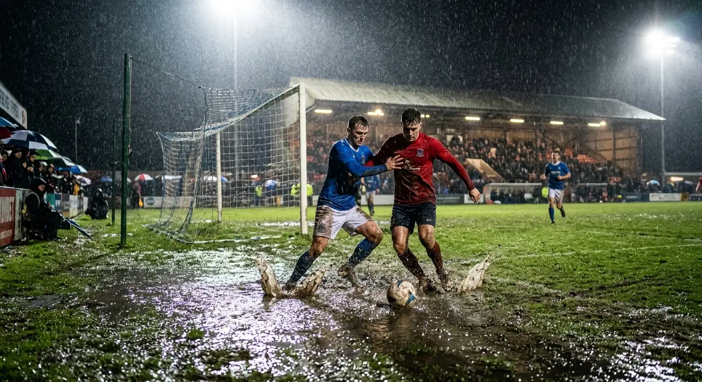 Rainy waterlogged football pitch under stadium lights affecting goal totals