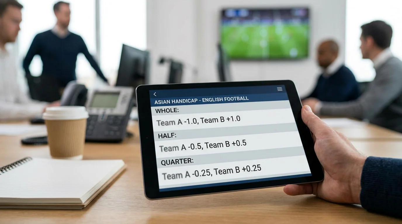 Tablet showing whole, half, and quarter Asian handicap line examples for football