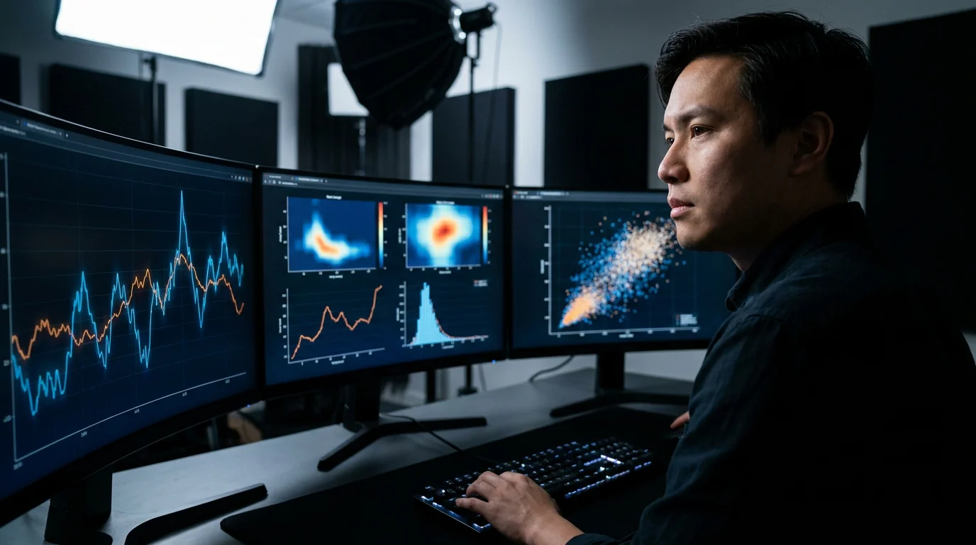 Football data analyst reviewing shot training datasets on a multi-monitor workstation