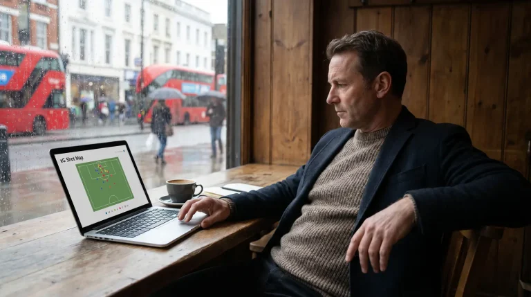 Football analyst studying an xG shot map for a Premier League fixture on a laptop