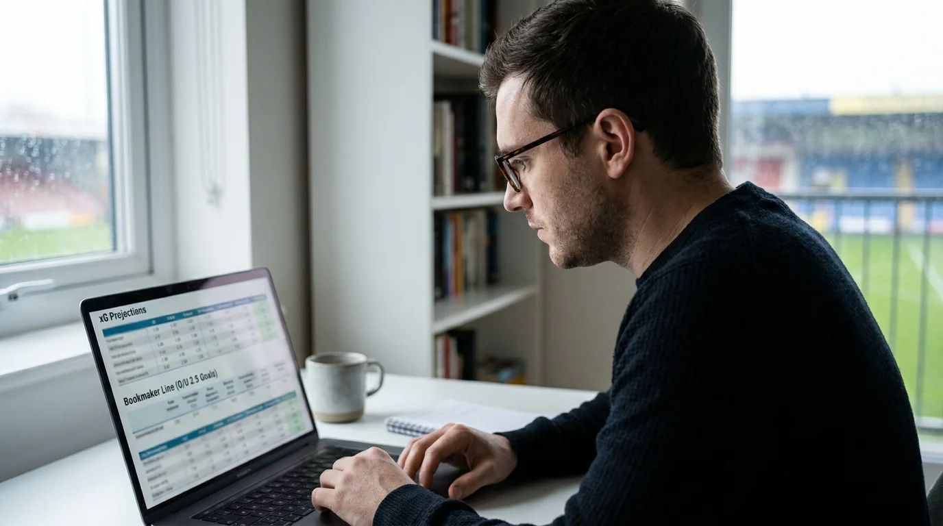 Analyst comparing xG total projections against the bookmaker line on a laptop